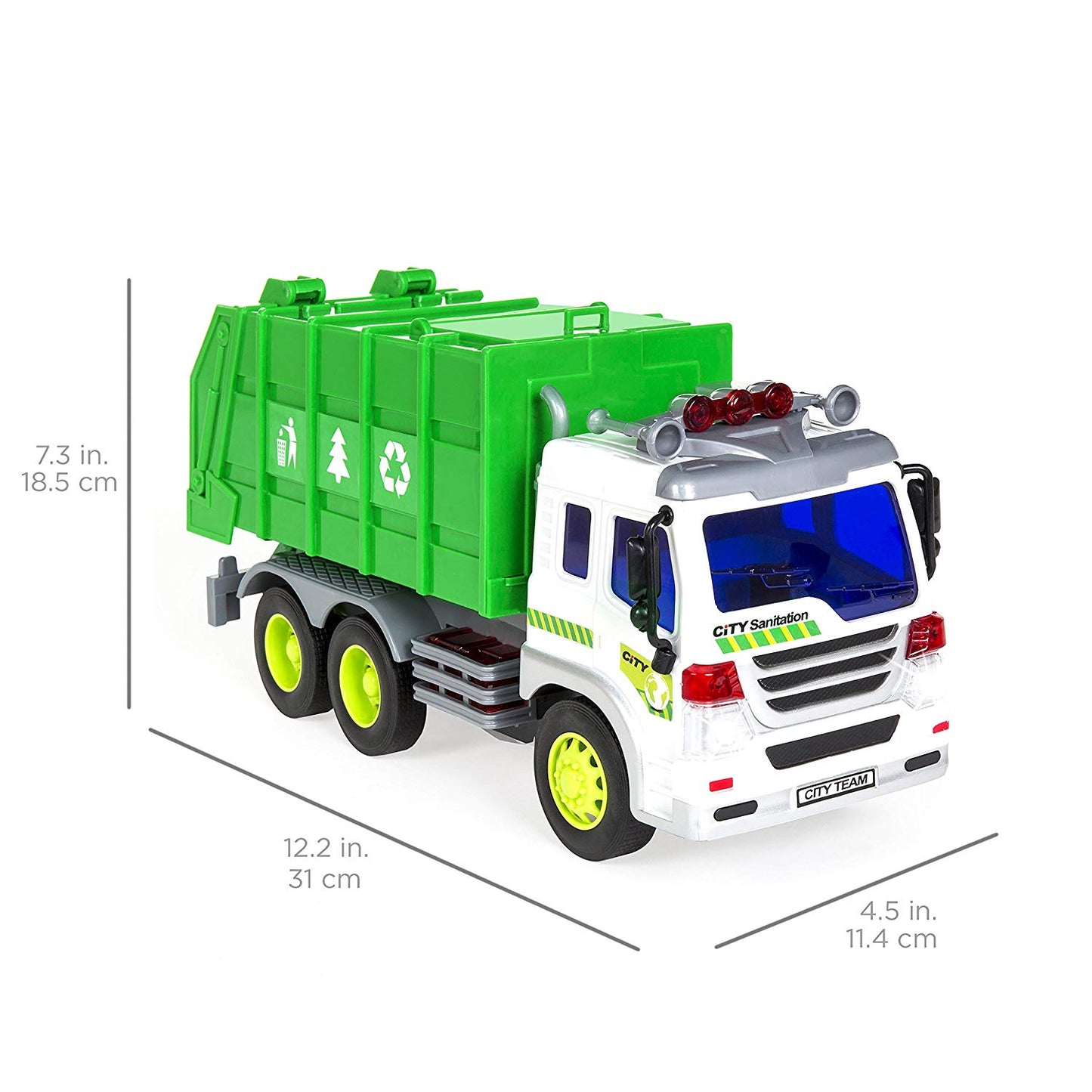 heya 1/16 Scale Friction Powered Toy Recycling Garbage Truck w/ Lights and Sound (Green)