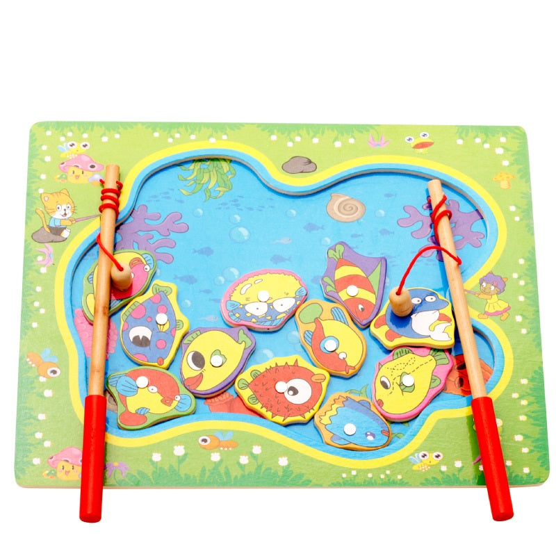 Wooden toys _ magnetic fishing Toy Puzzle baby hand 1-3 parent-ch...