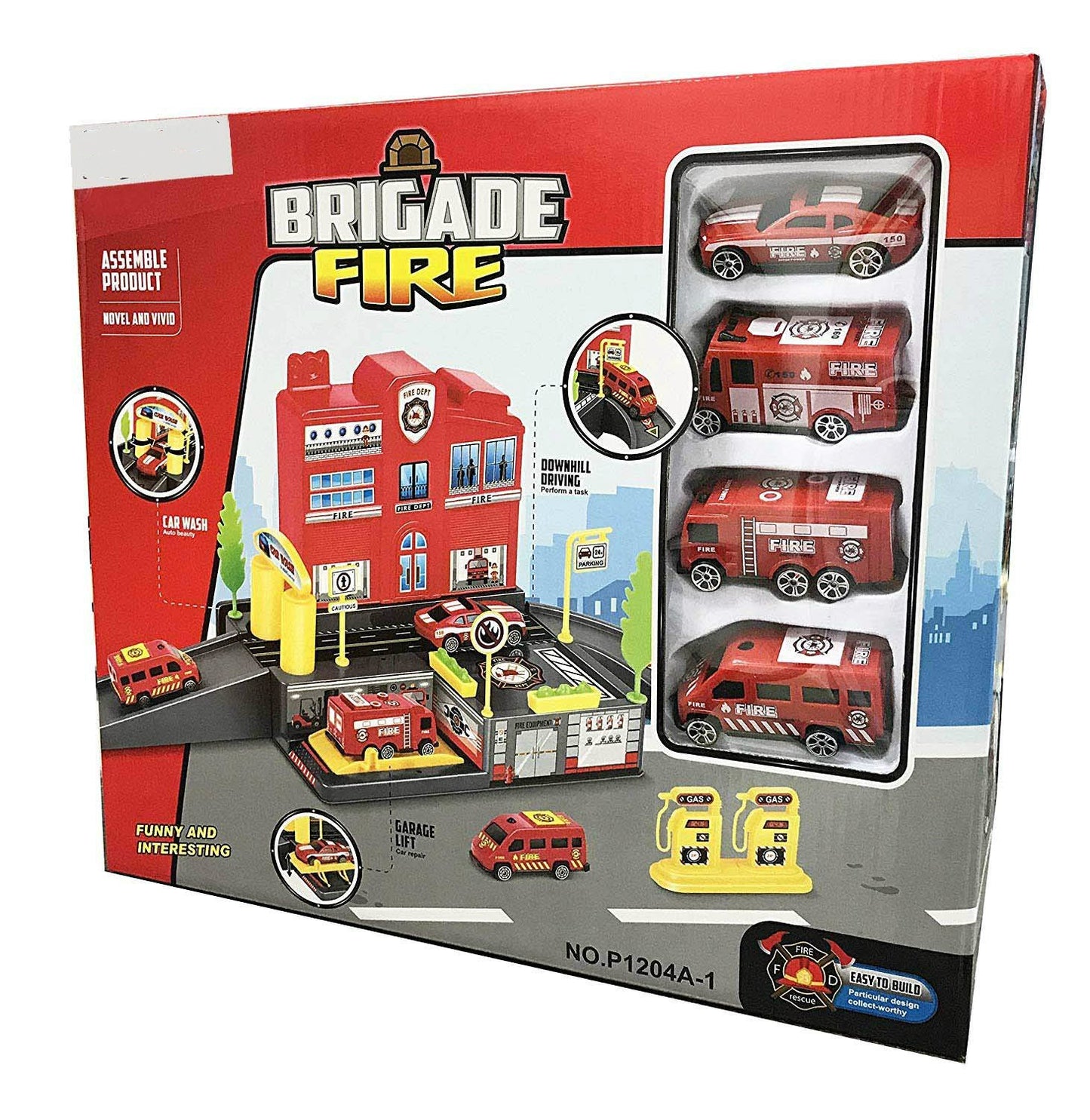 Fire Station Parking Garage Toy Playset with 4 Rescue Vehicles, Car Wash, Lift, Gas Station & Accessories