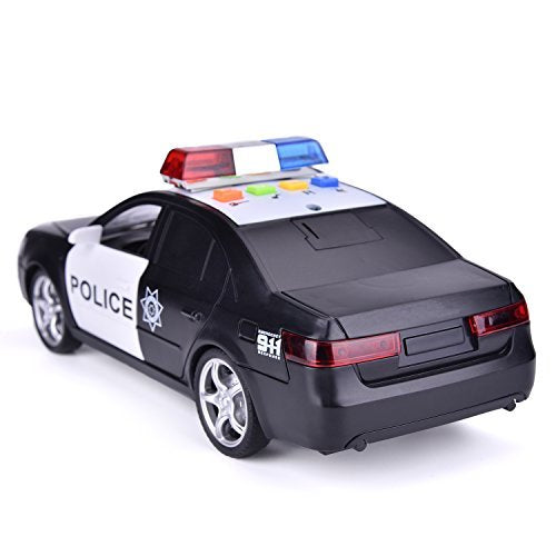 Police Car Toy Friction Powered With Light and Sound, 4 Wheels, 2 Car Doors, 1:20 Simulation Vehicle, Black