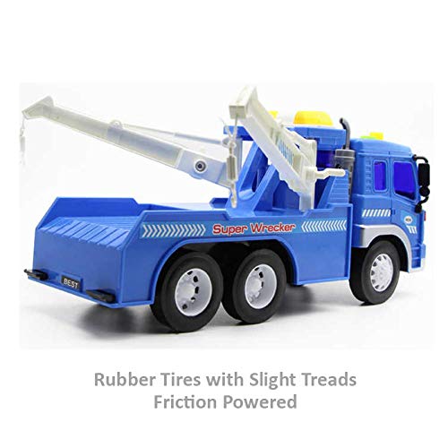 Friction Powered Wrecker Tow Truck 1:16 Toy Towing Vehicle with Lights and Sounds (Double Hooks)