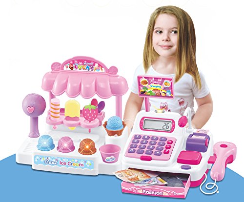 Ice Cream Store Cash Register with Pretend Play Desserts, Working Scanner, Calculator, Microphone, Money and Credit Card