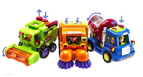 WolVol (Set of 3) Push and Go Friction Powered Car Toys for Boys - Street Sweeper Truck, Cement Mixe