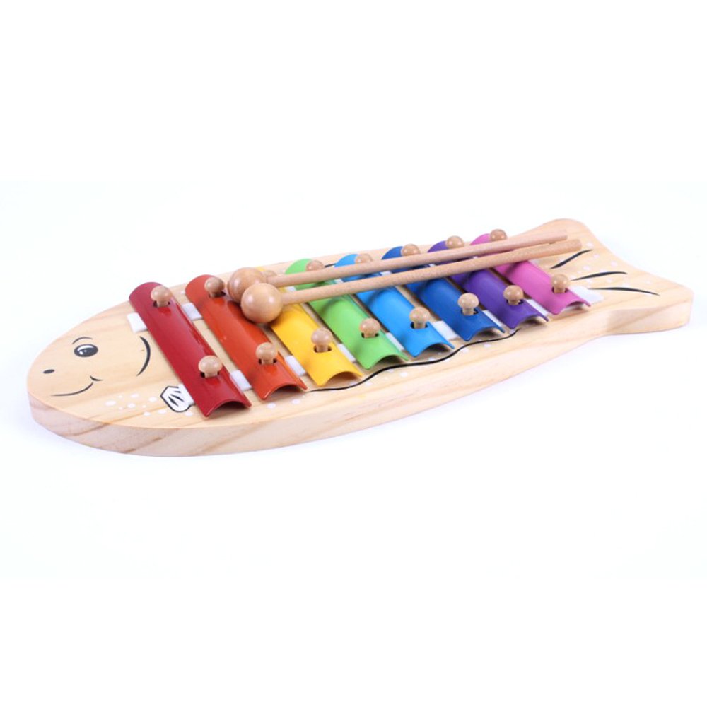 Colorful Woodblock Shape Serinette Educational Musical Instrument Toy Natural wooden Cartoon Fishlike Violin Toys Best Gifts For Preschool Boy Girl