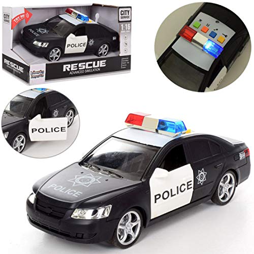 Friction Powered Police Car 1:16 Kids Plastic Toy Rescue Emergency Cop Vehicle with Lights & Siren Sound Effects