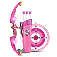 Light Up Archery Bow And Arrow Toy Set for Girls With 3 Suction Cup Arrows, Target, and Quiver