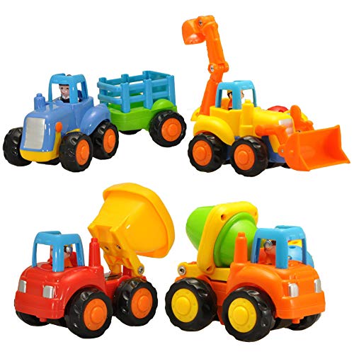 Set of 4 Cartoon Friction Powered Push & Play Vehicles for Toddlers - Dump Truck, Cement Mixer, Bulldozer, Tractor