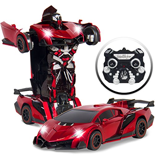Kids Interactive Transformer RC Remote Control Robot Drifting Sports Race Car Toy w/ Sounds, LED Lights - Red
