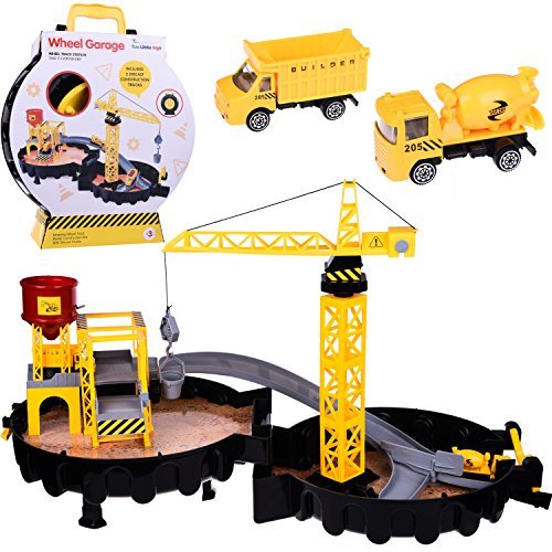 Wheel Track Station Mini Tower Crane Learning Education Zone Construction Site Playset with Diecast Truck Packed In a Tire Shape Travel Case Great for Indoor and Outdoor Activities
