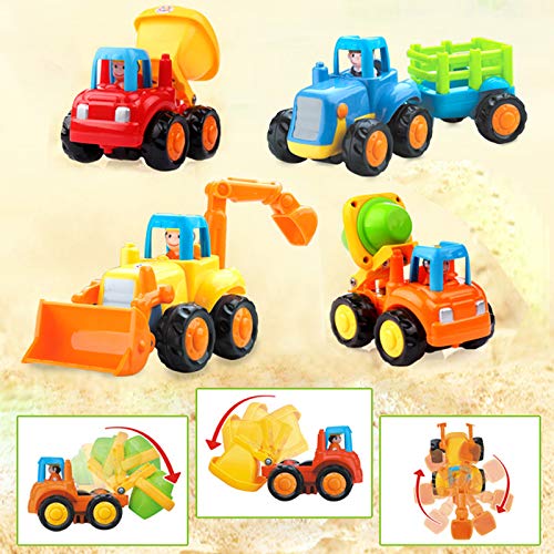 Set of 4 Cartoon Friction Powered Push & Play Vehicles for Toddlers - Dump Truck, Cement Mixer, Bulldozer, Tractor