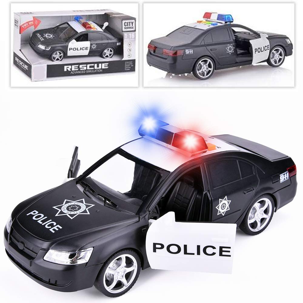 Friction Powered Police Car 1:16 Kids Plastic Toy Rescue Emergency Cop Vehicle with Lights & Siren Sound Effects
