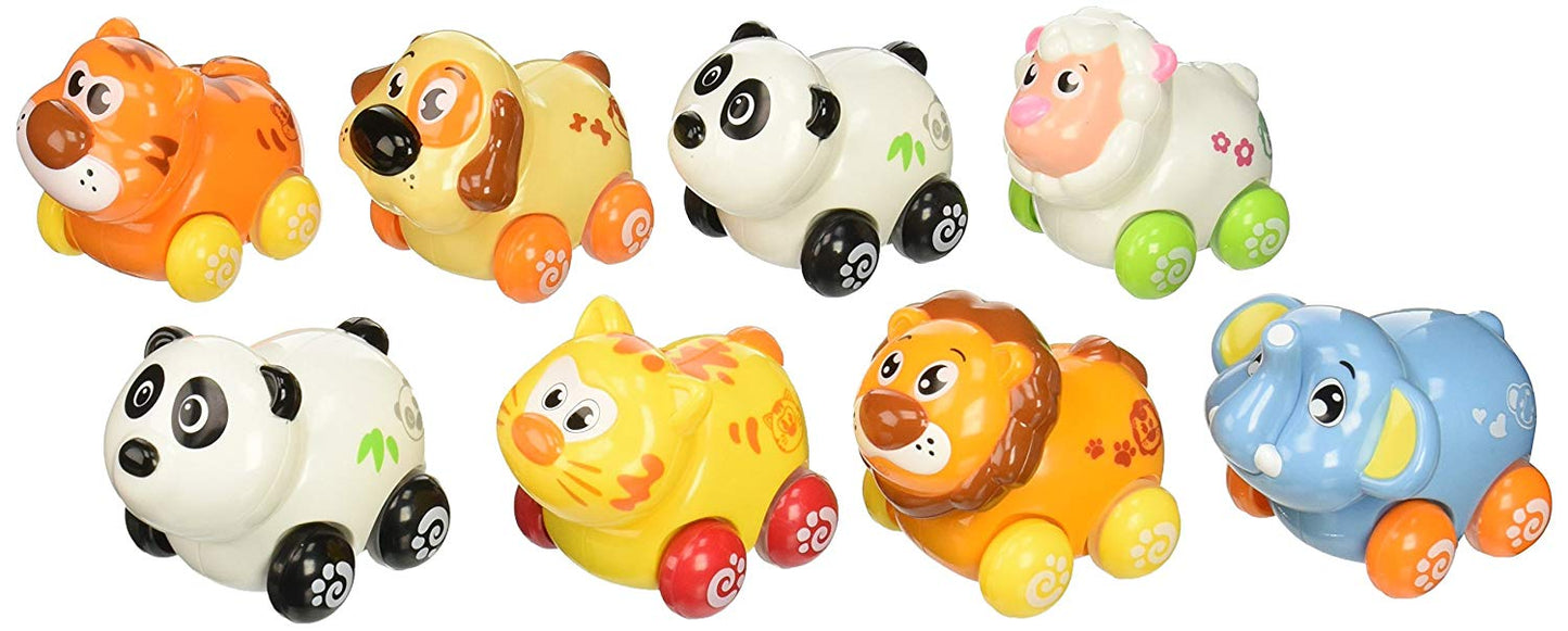 Set of 8 Push and Go Friction Powered Animal Cars, Panda, Lion, Dog, Cat, Sheep, Tiger and Elephant