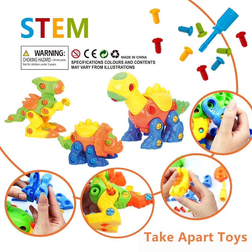 Build-A-Dino Take Apart Dinosaur Toys | 106-Piece Set of 3 Construction Engineering Building STEM Learning Kids Puzzle Playset with Tools and Screws
