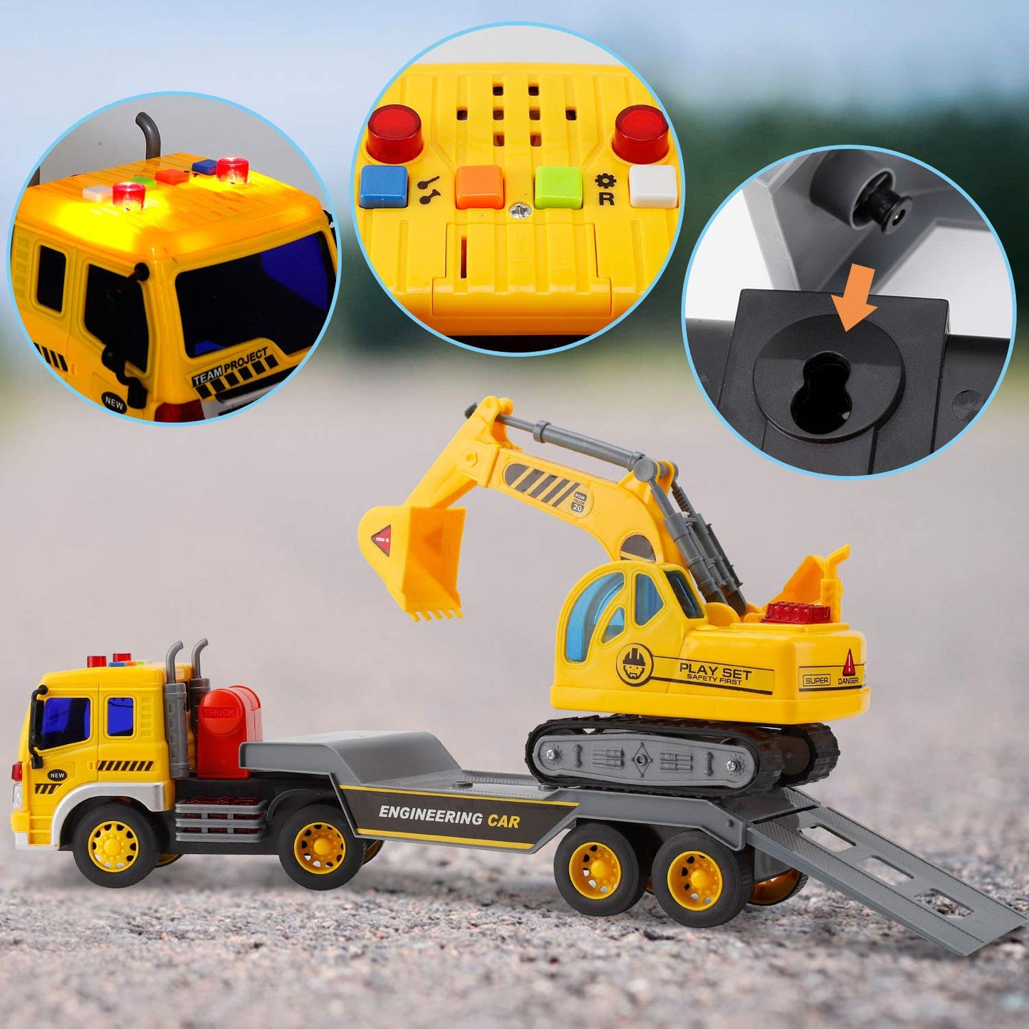 2-in-1 Friction Powered Toy Construction Truck Vehicle with Excavator with Lights and Sounds