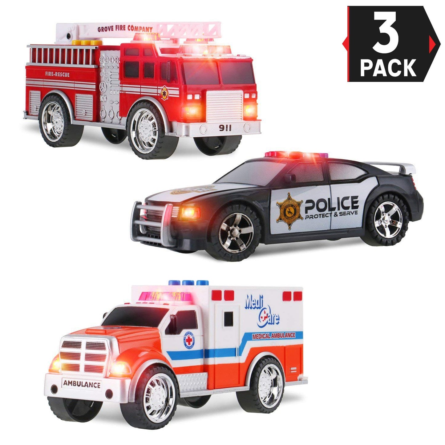 3-in-1 True Hero Vehicles Kids Toy Cars PlaySet | 3-Button LED Light & Sound Effects (Emergency Vehicles)