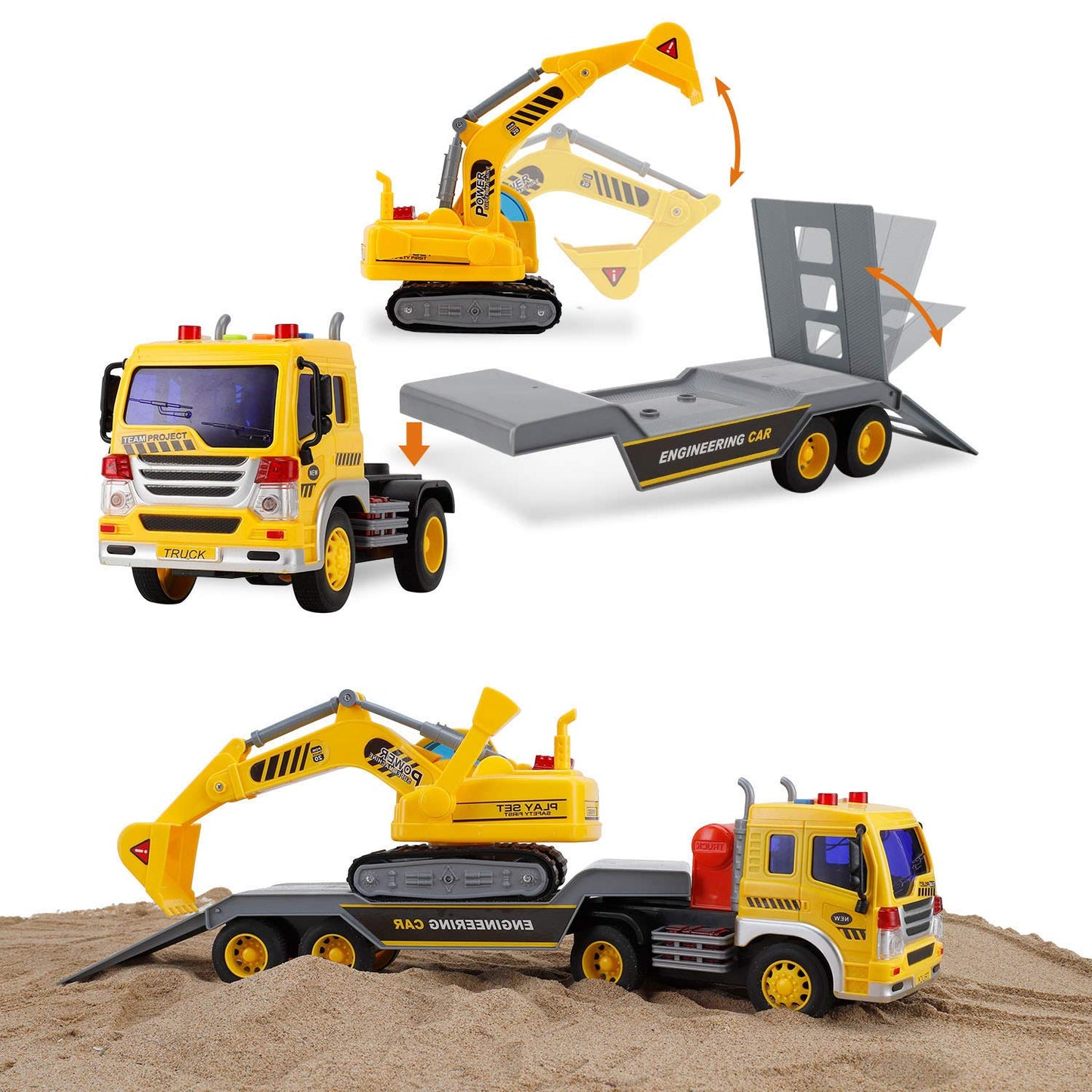 2-in-1 Friction Powered Toy Construction Truck Vehicle with Excavator with Lights and Sounds