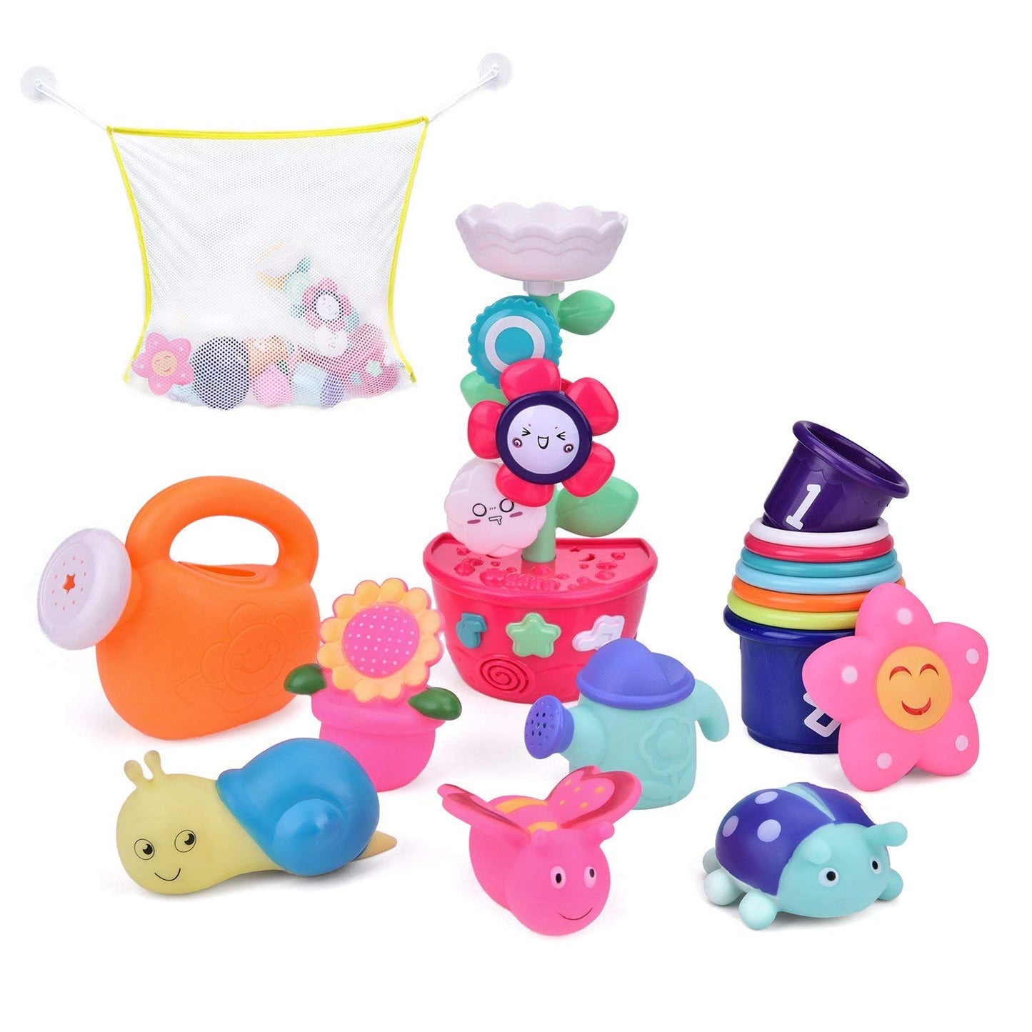 9 PCs Bath Toys Toddlers, Flower Waterfall Water Station Garden Squirter Toys, Stacking Cups Watering Can, Bath Toy Organizer Included Xmas Gift for Kids
