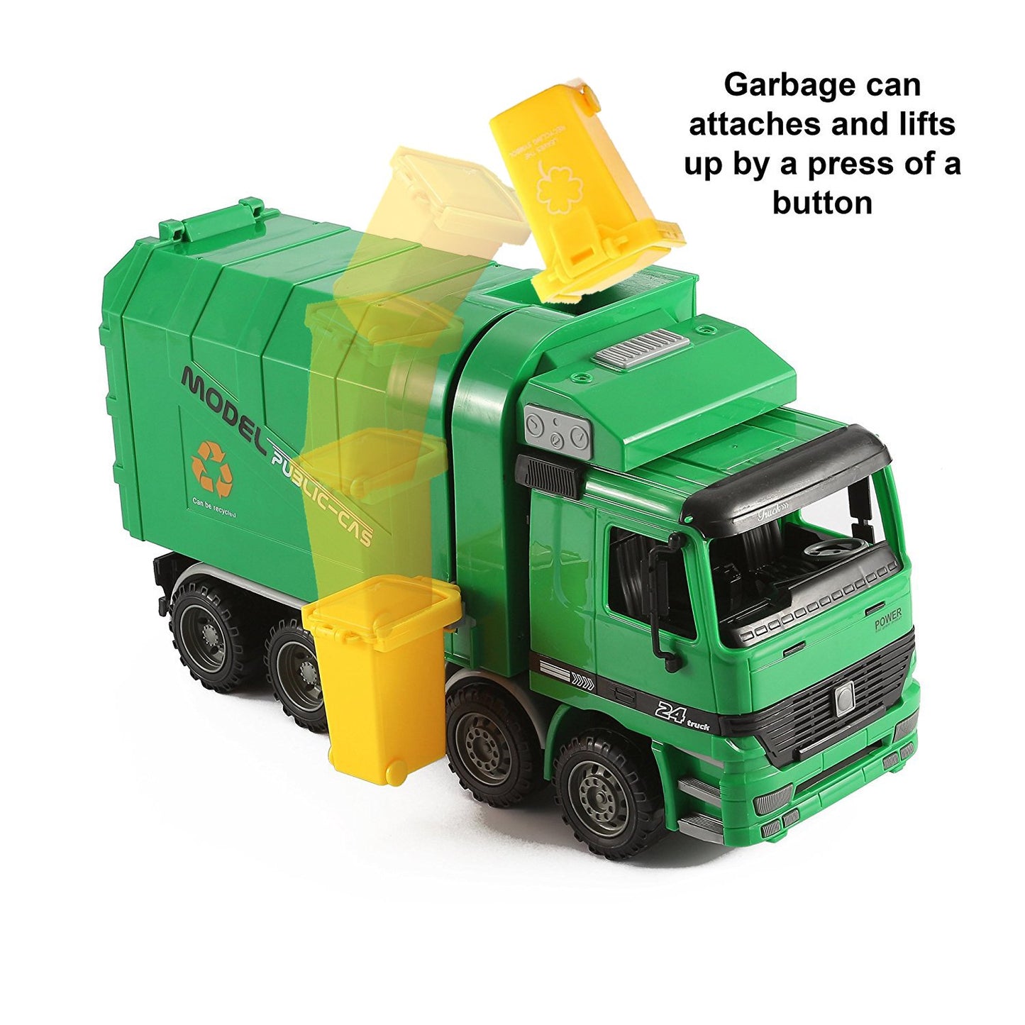 14" Oversized Friction Powered Recycling Garbage Truck Toy for Kids with Side Loading and Back Dump