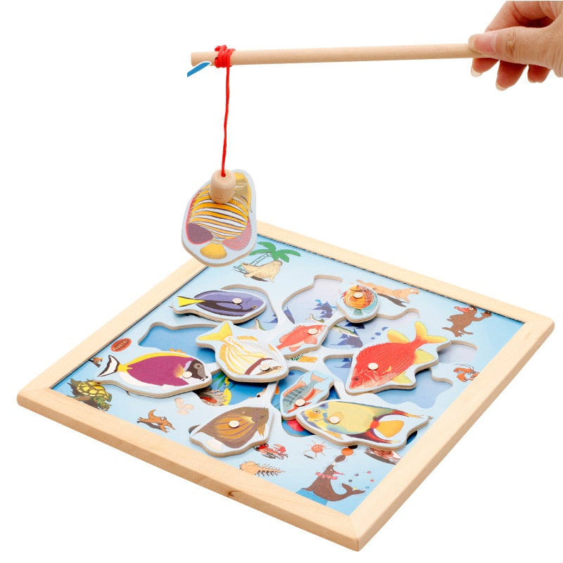Wooden toys _ magnetic fishing Toy Puzzle baby hand 1-3 parent-ch...
