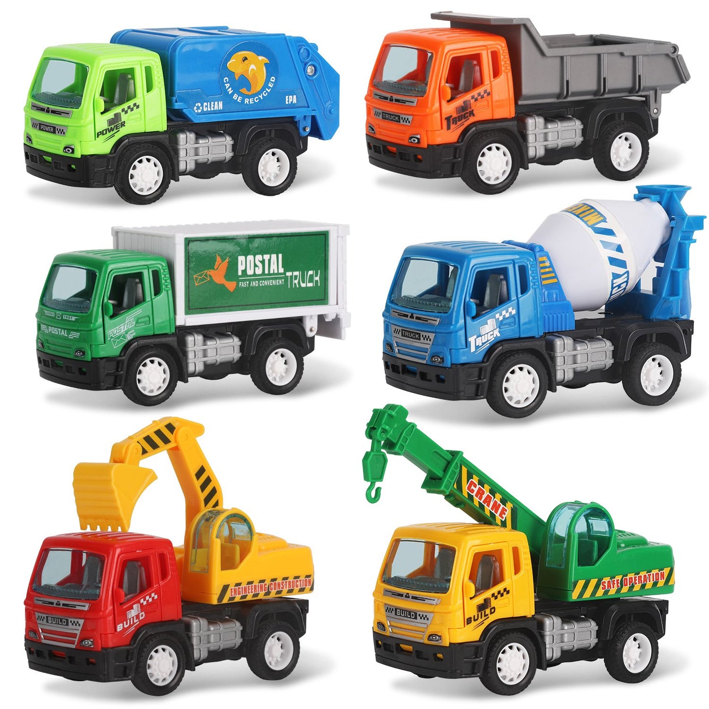 Set of 6 Pullback City Builder Construction Vehicles for Kids - Dump Truck, Cement Mixer, Garbage Truck, Excavator, Crane, Postal Truck