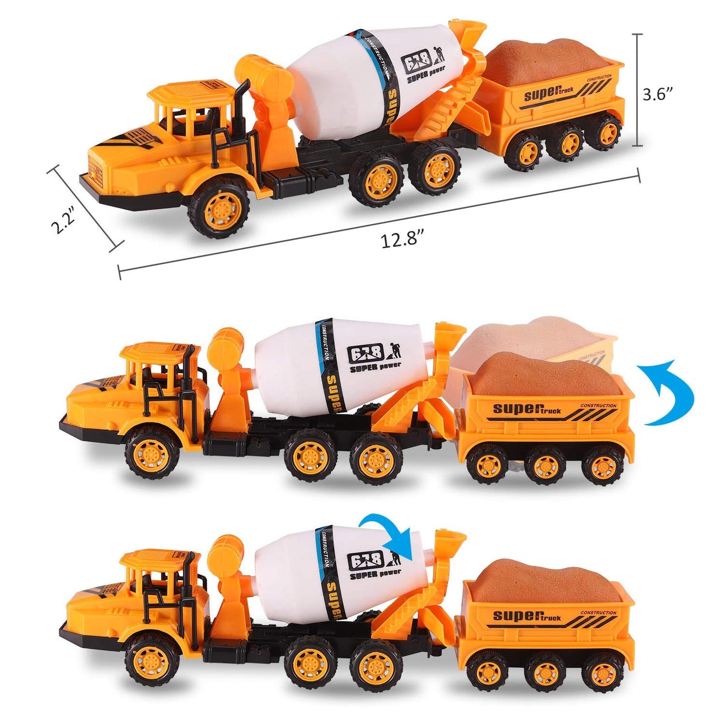 Set of 3 Deluxe Construction Toy Vehicles Playset - Dump Truck, Cement Truck, Excavator