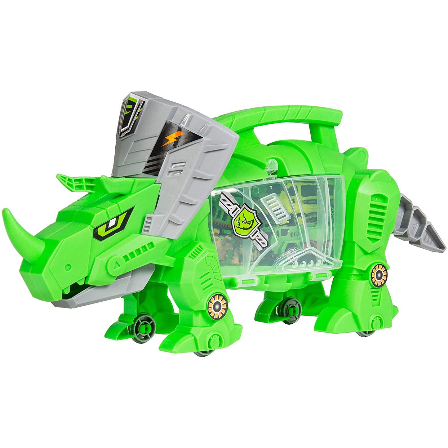 Kids Triceratops Toy Car Carrier Holder w/ Carrying Handle, Wheels, 4 Vehicles, 4 Dinosaurs - Green