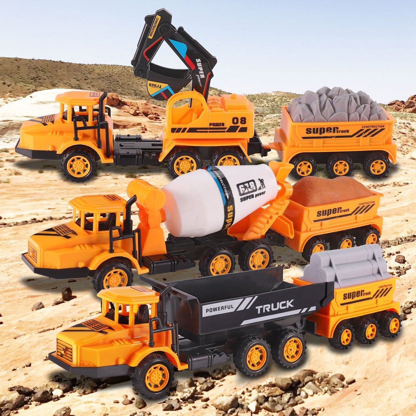Set of 3 Deluxe Construction Toy Vehicles Playset - Dump Truck, Cement Truck, Excavator