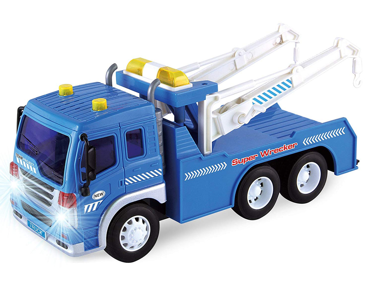 Friction Powered Wrecker Tow Truck 1:16 Toy Towing Vehicle with Lights and Sounds (Double Hooks)