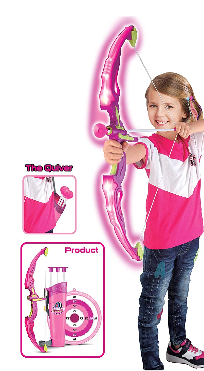 Light Up Archery Bow And Arrow Toy Set for Girls With 3 Suction Cup Arrows, Target, and Quiver