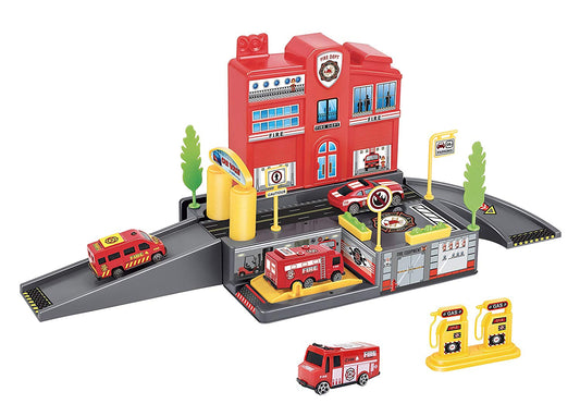 Fire Station Parking Garage Toy Playset with 4 Rescue Vehicles, Car Wash, Lift, Gas Station & Accessories