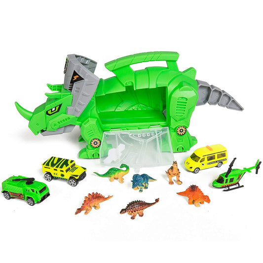Kids Triceratops Toy Car Carrier Holder w/ Carrying Handle, Wheels, 4 Vehicles, 4 Dinosaurs - Green