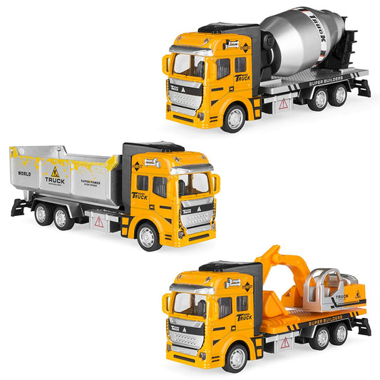 7.5in Set of 3 Friction-Powered Construction Toy Trucks w/ Excavator, Dump Truck, Cement Truck