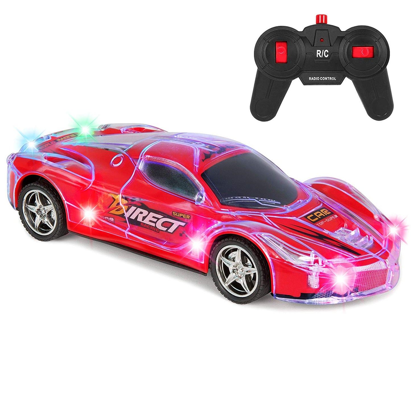 Toy 27Mhz Remote Control Light Up RC Racing Car w/ Flashing LED Lights- Red